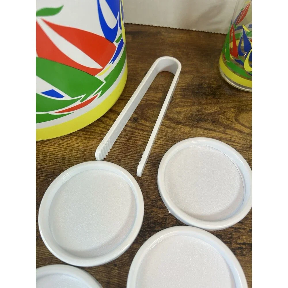 Vintage Sailboat Ice Bucket Set 4 Tumblers Coasters Tongs Primary Colors Taiwan